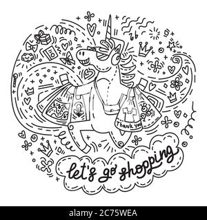 Drôle Cute unicorn est heureux d'acheter beaucoup. Personnage d'humour vectoriel dans le style doodle.laisse aller faire du shopping. Illustration isolée pour autocollants, Illustration de Vecteur