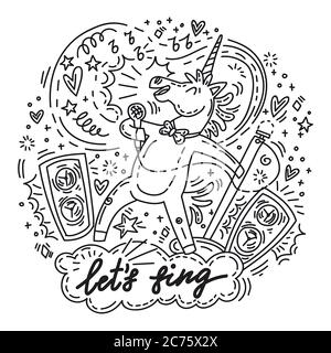 Drôle de licorne mignon chanter dans le microphone. Chantons le personnage d'humour Vector dans un style doodle. Illustration isolée pour autocollants, design cu Illustration de Vecteur