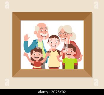 Photos encadrées des grands-parents et des petits-enfants. Fête des grands-parents. Heureux grands-parents et enfants. Illustration vectorielle en style dessin animé. Illustration de Vecteur