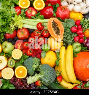 Contexte alimentaire fruits et légumes collection fruit légume carré alimentation saine pommes oranges tomates fonds Banque D'Images