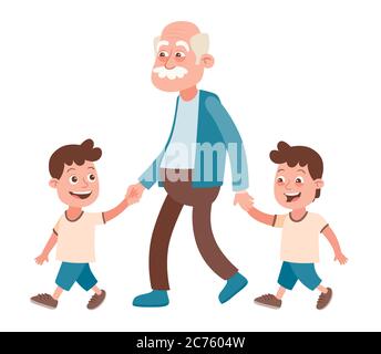 Grand-père avec ses petits-enfants marchant, il les prend à la main. Deux garçons, lits jumeaux. Style de dessin animé, isolé sur fond blanc. Illustration vectorielle Illustration de Vecteur