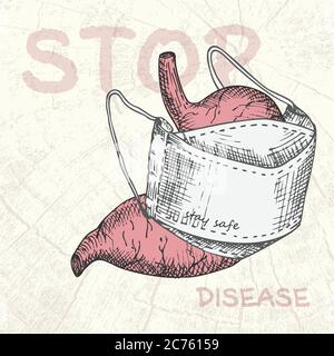 Estomac avec masque médical page d'agenda réaliste main-dessiné organes internes humains. Gravure art. Style d'esquisse. Concept de conception pour les projets médicaux Illustration de Vecteur