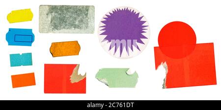 jeu d'autocollants de prix adhésifs vierges, étiquettes de prix multicolores, avec espace de copie gratuit, isolés sur fond blanc Banque D'Images