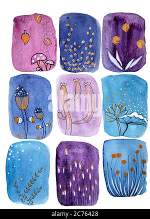 Peinture à la main Résumé Aquarelle formes géométriques traits de pinceau avec Doodle fleurs feuilles motif arrière-plan isolé en bleu et violet Banque D'Images