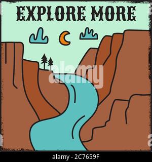 Motif d'illustration d'aventure de camping vintage. Paysage extérieur scène avec la vallée de la rivière de montagne et citation - Explorer plus. Emblème de voyage rétro Illustration de Vecteur