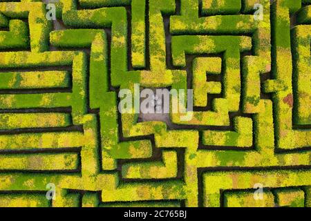 Innerleithen, Écosse, Royaume-Uni. 14 juillet 2020, vue aérienne du labyrinthe à la maison Traquair aux frontières écossaises, la plus ancienne maison habitée d'Écosse. La maison se prépare à rouvrir au public vendredi. L'accès au labyrinthe sera limité à un ménage à la fois. Iain Masterton/Alay Live News Banque D'Images