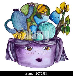 Plante succulente dans une tasse avec un visage souriant, illustration pour enfants pour la décoration Banque D'Images