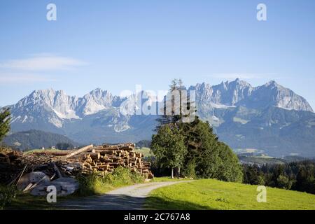 Pile de bois et vue lointaine sur la chaîne de montagnes Wilder Kaiser près de Kitzbuehel, Tyrol, Autriche, Europe Banque D'Images