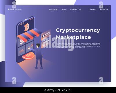 Man traite l'échange de crypto-monnaie et examine le graphique d'infographie. Illustration isométrique à vecteur 3D. Illustration de Vecteur