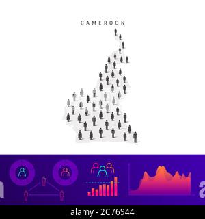 Carte des habitants du Cameroun. Silhouette détaillée. Une foule mixte d'icônes hommes et femmes. Éléments graphiques de population. Illustration isolée sur blanc. Banque D'Images