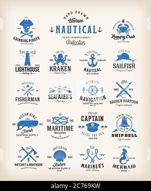 Collection abstraite d'étiquettes marines rétro. Emblèmes, enseignes ou modèles de logo vintage Sea. Baleines, Anchors, Octopus, Marmaid, etc. Avec Classic Illustration de Vecteur