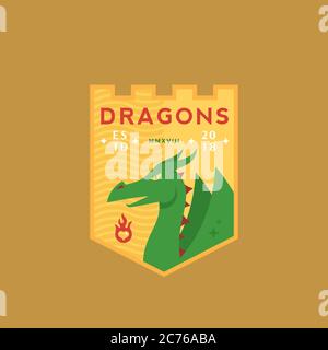 Emblem de l'équipe de sports de dragons Medeival. Modèle de signe, symbole ou logo abstrait vectoriel. Reptile mythique dans un bouclier avec Typographie rétro. Illustration de Vecteur