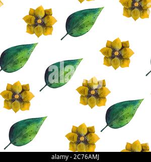 Motif fleuri sans couture. Fleur jaune et feuille verte sur fond blanc, aquarelle, encre. Banque D'Images