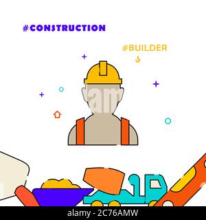 Travailleur, constructeur en casque dur icône de ligne remplie, illustration simple, bordure inférieure connexe. Banque D'Images