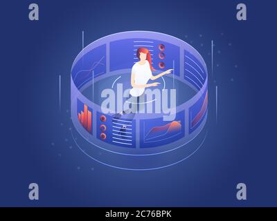 Femme regardant et analysant des graphiques, concept d'analyse d'entreprise, traitement de Big Data sur l'écran de l'interface utilisateur. Vecteur isométrique isolé 3D Illustration de Vecteur