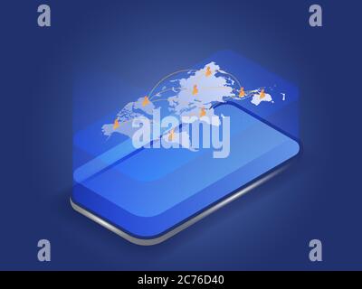 Les utilisateurs sont connectés aux réseaux sociaux dans le monde entier ou à une connexion mondiale sur l'écran du smartphone. Image vectorielle d'illustration isométrique 3D Illustration de Vecteur