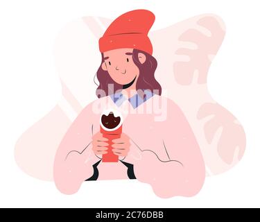 Hipster fille buvant du café à aller, tenant une tasse chaude de café réchauffant ses mains, jeunes femmes dans une tenue tendance élégante, portant bonnet beanie et Illustration de Vecteur