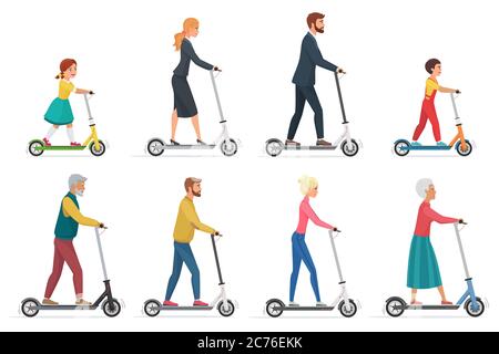 Illustration vectorielle plate pour jeu de scooter électrique. Personnage de dessin animé masculin et féminin, véhicule urbain écologique. Famille dans des vêtements formels et décontractés utilisant un transporteur personnel moderne Illustration de Vecteur