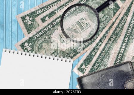 Billets de 1 dollar US et loupe avec sac à main noir et bloc-notes. Concept de fausse monnaie. Recherchez les différences dans les détails sur les factures d'argent à Banque D'Images