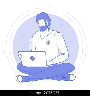 Icône bleue en forme de ligne fine représentant le meilleur endroit pour travailler à distance. Jeune homme travaille sous-traité. . Modèle de bannière Web vectorielle de conception plate, dessin au trait Illustration de Vecteur
