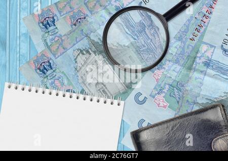 5 billets de hryvnias ukrainiens et loupe avec sac à main noir et bloc-notes. Concept de fausse monnaie. Recherchez des différences dans les détails sur l'argent Banque D'Images