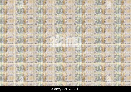 25 billets de piastre égyptiens imprimés dans un convoyeur de production de monnaie. Collage de nombreuses factures. Concept d'inflation et de dévaluation de la monnaie Banque D'Images