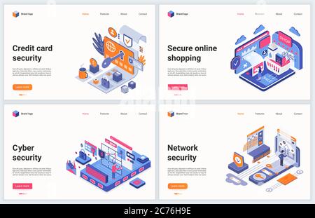 Illustration vectorielle isométrique de la technologie de la cybersécurité. Création concept bannière set, conception de site Web avec caricature 3d cyber service pour la protection des données, la sécurité des informations confidentielles de carte de crédit Illustration de Vecteur