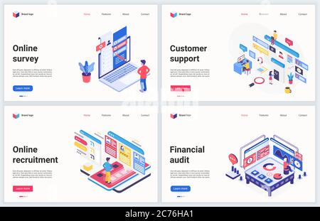 Illustration vectorielle isométrique de la technologie de recrutement d'entreprise. Création de bannière concept, conception de site Web avec service de recrutement RH en ligne de dessin animé 3d, audit de compte financier et assistance client Illustration de Vecteur