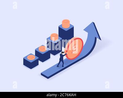 Un homme d'affaires prospère investissant le bitcoin avec l'augmentation du taux. Illustration de vecteur isométrique 3D. Illustration de Vecteur