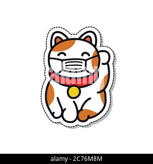 maneki neko dans un masque de protection doodle icône, illustration de couleur vectorielle Illustration de Vecteur