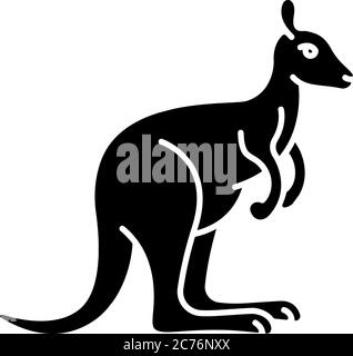 Icône en glyphe noir kangourou. Wallaby exotique, wallaroo sauvage. Zoo tropical habitant. Faune australienne, symbole de silhouette de zoologie sur espace blanc. Saut Illustration de Vecteur