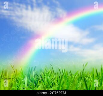 L'herbe verte et bleu ciel avec un arc-en-ciel, printemps nature background Banque D'Images