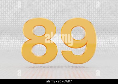 Numéro 3d jaune 89. Numéro métallique jaune brillant sur fond de sol métallique. Alphabet métallique doré brillant avec reflets lumineux studio. caractère de police de rendu 3d. Banque D'Images