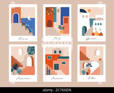 Lieux abstraits, villages, petites rues, vieilles villes du Maroc, du Mexique, de Grèce et d'Italie dans des couleurs pastel. Illustrations vectorielles et design Illustration de Vecteur