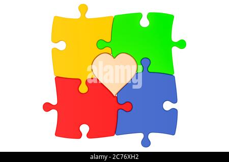 Concept de la Journée de sensibilisation à l'autisme, puzzle coloré avec coeur. Rendu 3D isolé sur fond blanc Banque D'Images