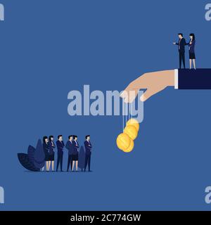 Le patron d'entreprise attire l'équipe d'affaires avec de l'argent de la main grande. Illustration de Vecteur