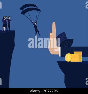 L'homme d'affaires qui débarque à la pile de pièces de monnaie s'est arrêté à la main métaphore du profit et de la perte. Illustration de Vecteur