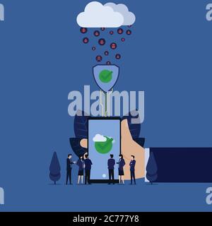 Les hommes d'affaires voient le téléphone protégé contre les virus en ligne nuage métaphore de la connexion sécurisée. Illustration de Vecteur