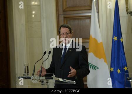 Athènes, Grèce. 14 juillet 2020. Nicos Anastasiades Président de la République de Chypre, au cours des déclarations avec le Premier Ministre grec Kyriakos Mitsotakis. (Photo par Dimitrios Karvountzis/Pacific Press) crédit: Pacific Press Agency/Alay Live News Banque D'Images
