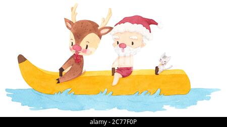 Le Père noël, cerf et chat sur un bateau banane. Joli motif personnage de dessin animé sur fond blanc. Noël en juin pour l'affiche, le marketing, la publicité, s Banque D'Images