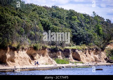 Timmendorf, Allemagne. 13 juillet 2020. Les randonneurs se trouvent sur le chemin en dessous de la côte escarpée de l'île de Poel, sur la mer Baltique, près du port de Timmendorf. Selon le Ministère de l'Environnement de Schwerin, la rive abrupte entre les villes de Timmendorf et Hinter Wangern diminue d'environ 55 mètres en 100 ans sans protection côtière. Le sable, cependant, est lavé ailleurs, de sorte que l'île de Poel ne deviendra pas plus petite en termes de superficie. Credit: Jens Büttner/dpa-Zentralbild/ZB/dpa/Alay Live News Banque D'Images