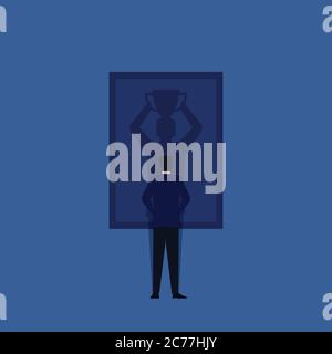 Business Flat Vector concept homme stand et voir l'ombre du gagnant sur le cadre métaphore de l'auto-apprentissage et de la confiance. Illustration de Vecteur
