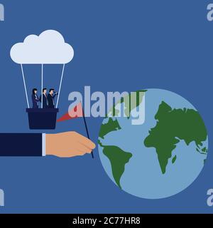 Business Flat Vector concept Manager voir à travers le télescope à la métaphore du globe de l'expansion et du développement. Illustration de Vecteur