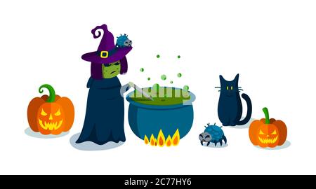 Sorcière effrayante faisant son breuvage de poison vert dans le gros chou-fleur. Bannière horizontale avec caractères Halloween. Citrouilles, chats noirs et araignées. Vecteur Illustration de Vecteur