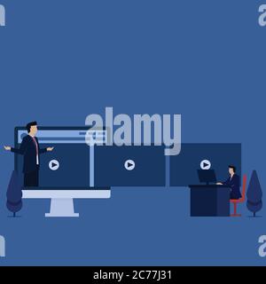 Business Flat Vector concept homme d'affaires voir tutoriel vidéo sur la métaphore de moniteur de l'apprentissage en ligne. Illustration de Vecteur
