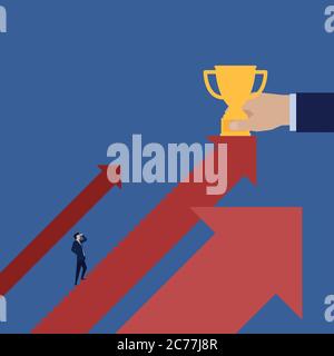 Business Flat Vector concept homme grimper escalier à trophée métaphore de la croissance et du succès. Illustration de Vecteur