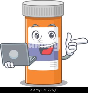 Un dessin animé de pilules flacon de médicament l travaillant à la maison pendant une pandémie Illustration de Vecteur