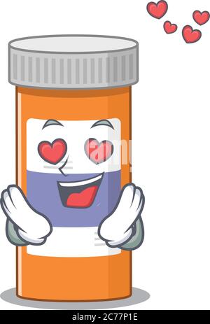 Un passionné de pilules de drogue bouteille caricature concept de mascotte a une chute dans les yeux d'amour Illustration de Vecteur