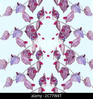 Feuilles de chèvrefeuille japonaise (Lonicera japonica, chèvrefeuille dorée et argentée) et baies rouges mûres branche étroite, aquarelle peinte à la main Banque D'Images