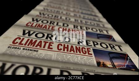 Changement climatique, rapport mondial, réchauffement de la planète, écologie et crise environnementale. Journal quotidien imprimé. Résumé de production de presse papier vintage Banque D'Images